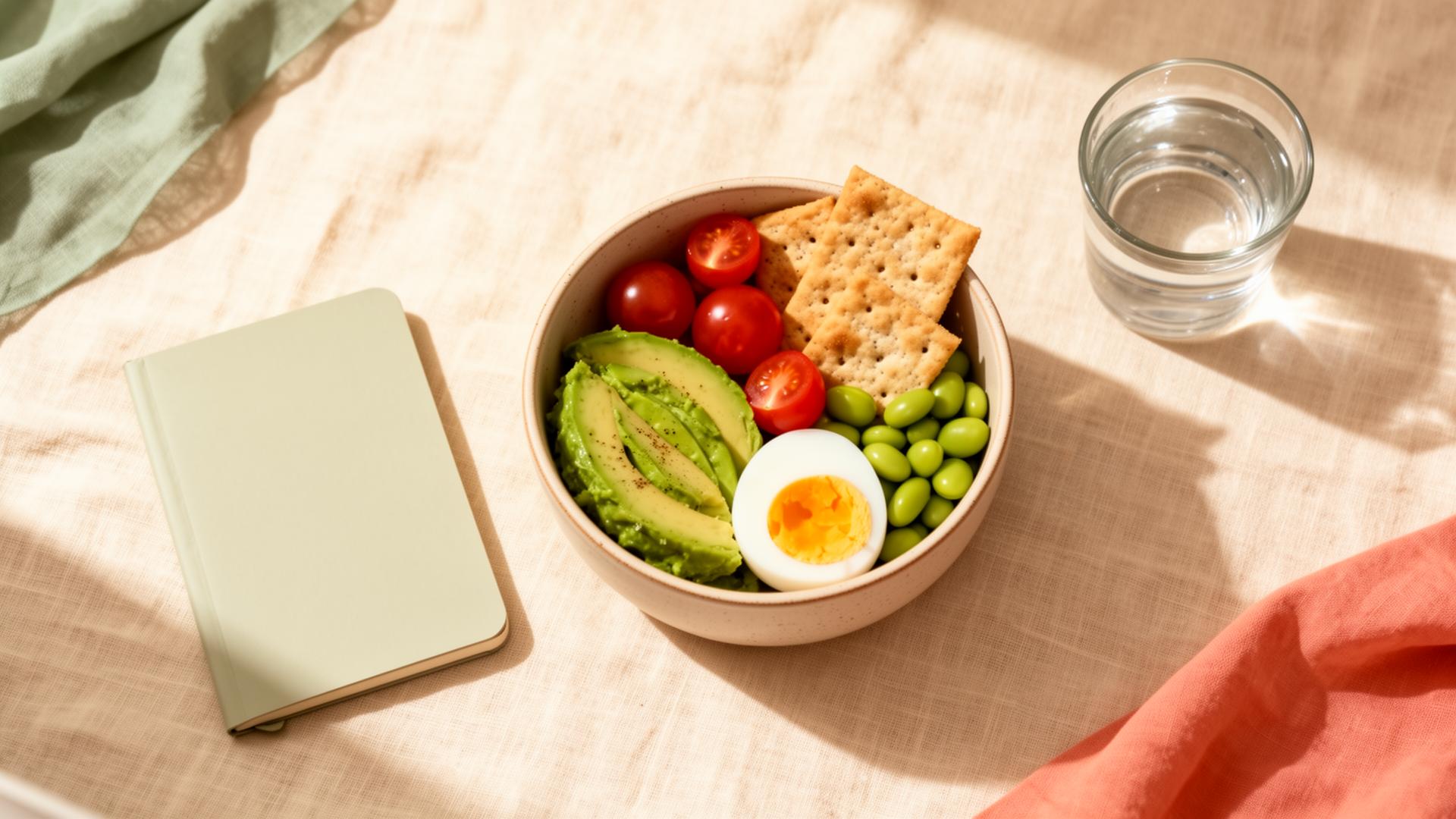 A warm bento bowl with avocado, eggs, and edamame on a cream linen background